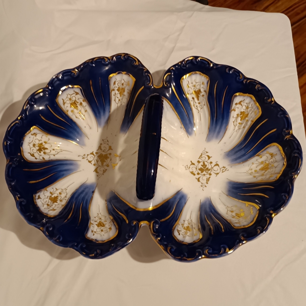 🍈 Vintage German Two-Bowl Serving Dish – Blue, White & Gold – #8290 123